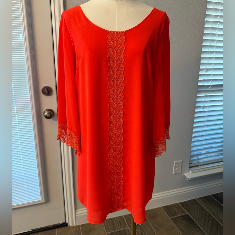 ASTR Red Orange Lace Trim Shift Mini Dress Bell Sleeve Boho XS
